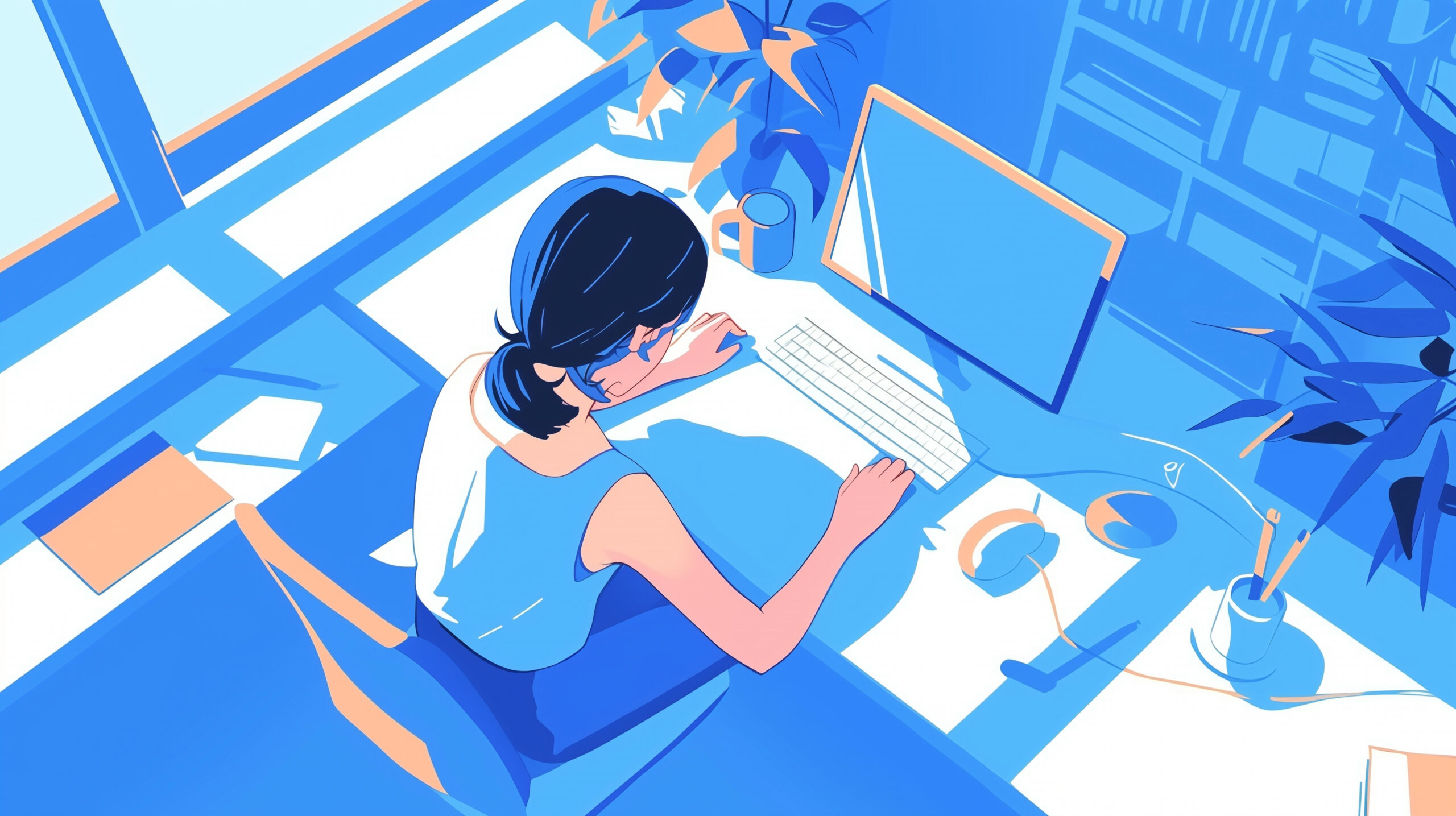 アニメ風ワーキングシーン 在宅オフィスで働く女性 ノートパソコン 仕事モード 書類カラフルマーカー マグカップ グラス小物 リモートワークスタイル 窓辺の自然光が包む午後のひととき